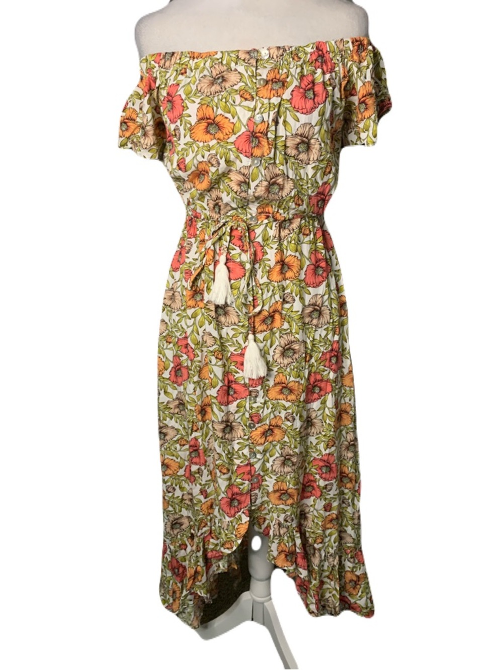 Abel the Label Small Colorful Off-Shoulder Floral Midi Dress Summer Feminine